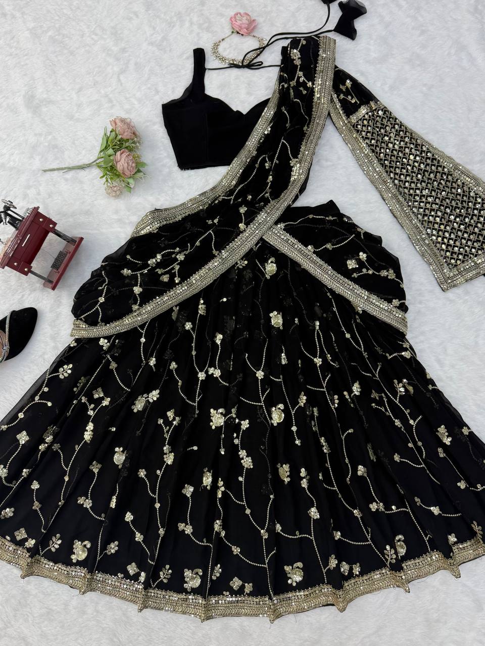 Midnight Black Georgette Lehenga Choli Adorned with Delicate Silver Floral Vine Embroidery and Scalloped Borders
